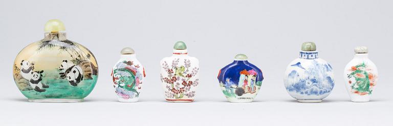 SNUSFLASKOR, 6 st. Porslin och glas, Kina 1800/1900-tal.