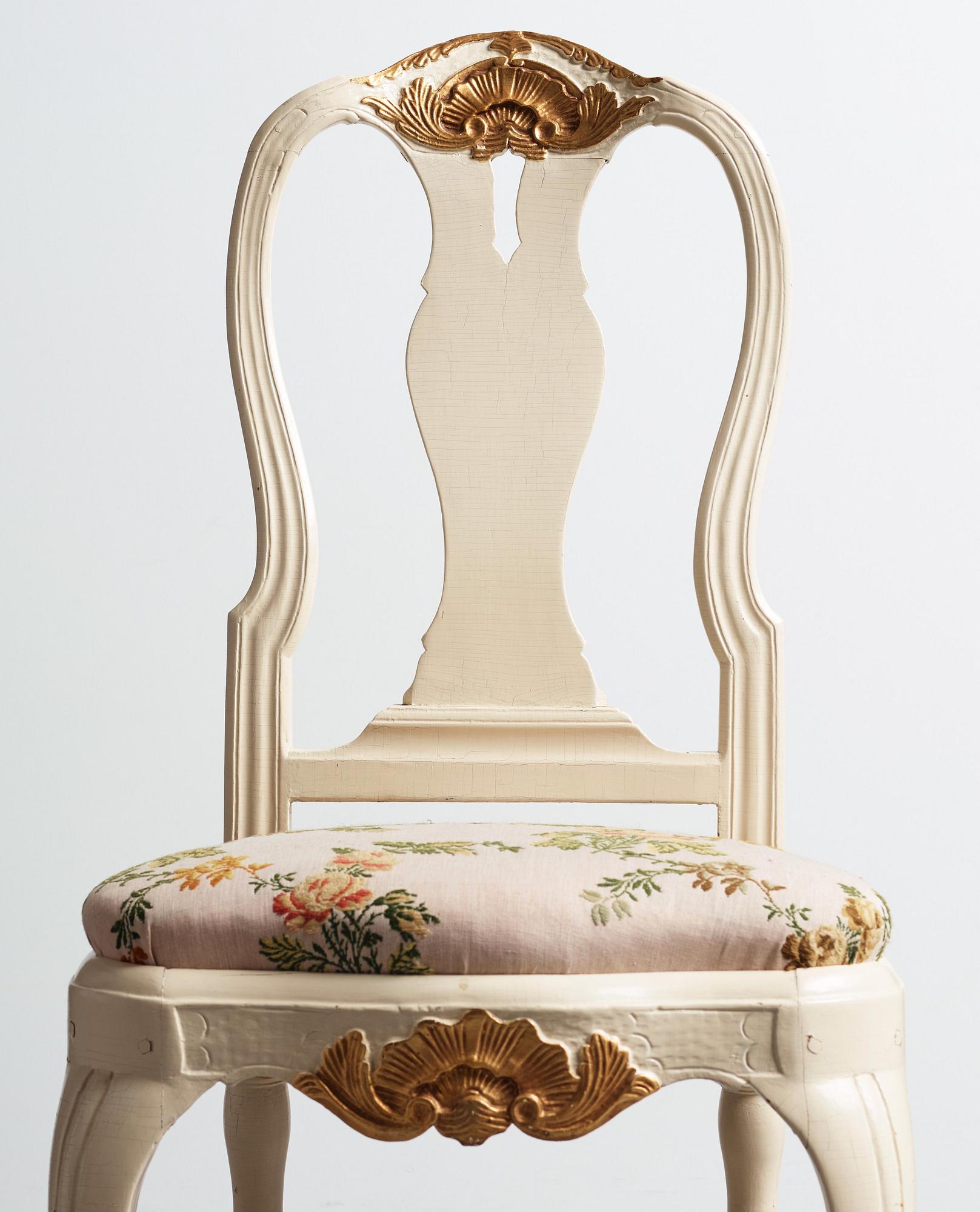 A set of five Swedish rococo chairs. (3+2).