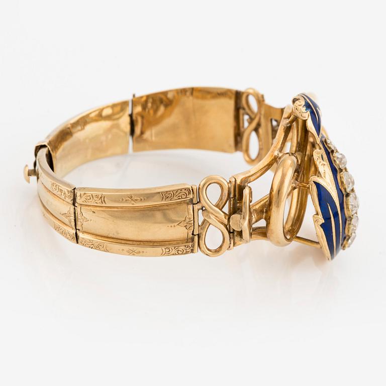 An 18K gold bracelet  with enamel details and old-cut diamonds, 19th century.