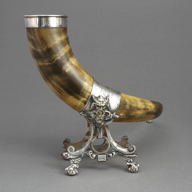 DRYCKESHORN, nysilver och horn, 1800-talets slut.