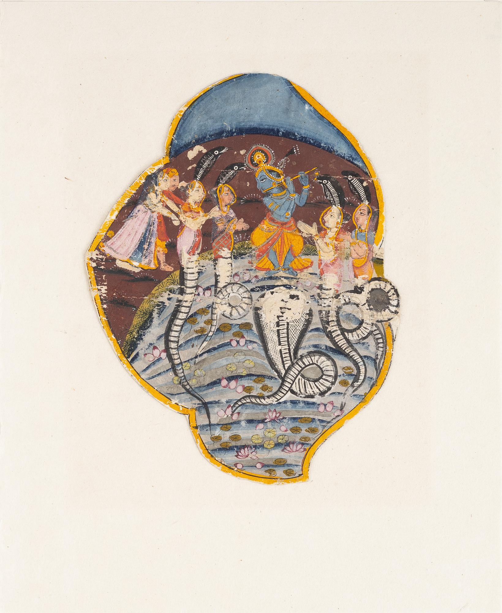 Unidentified artist, Flute-playing deity with snakes and figures, India, 19th/20th century.