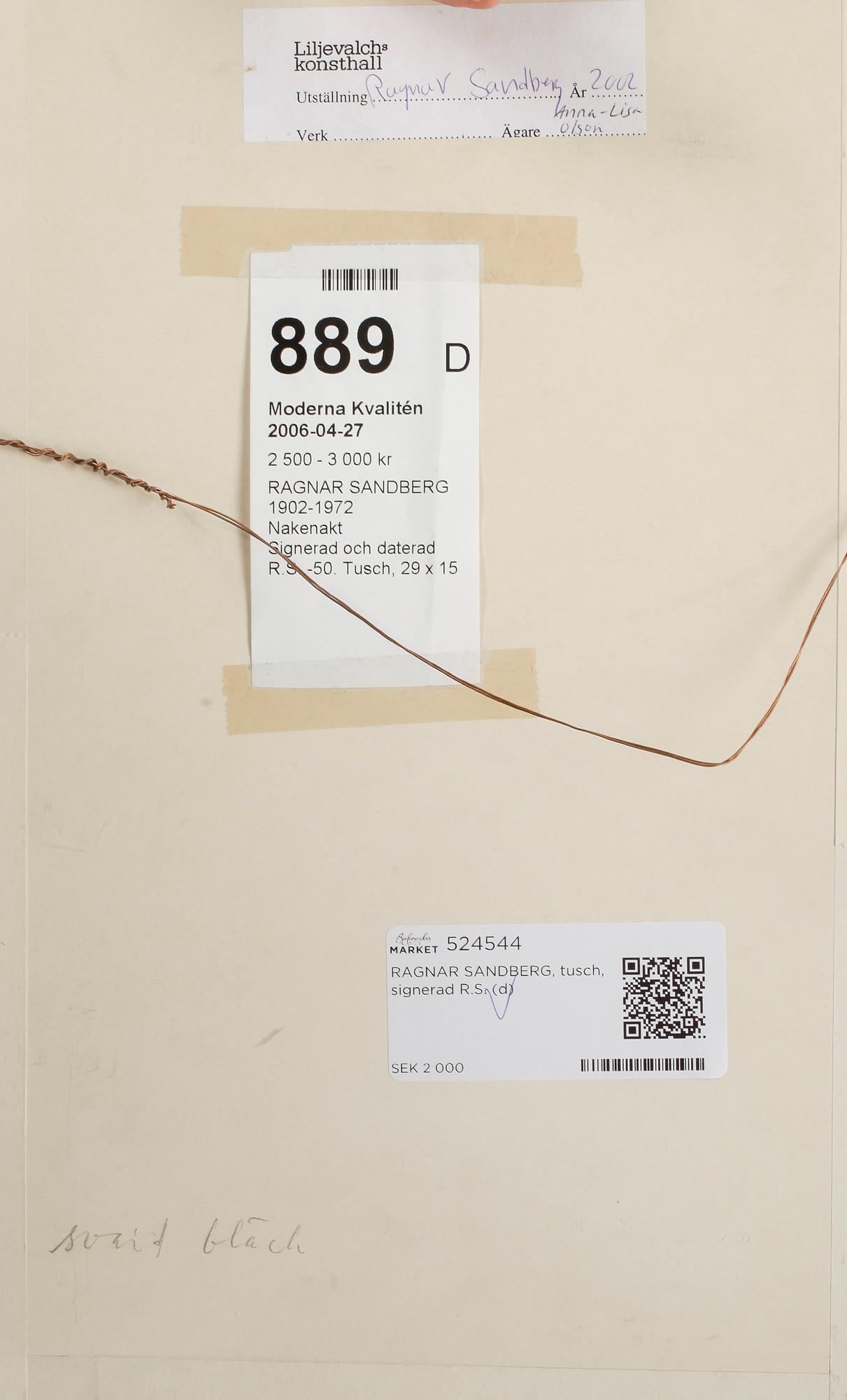 RAGNAR SANDBERG, tusch, signerad R.S, daterad -50, med dedikation,
