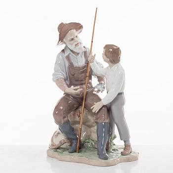 Lladro, two figurines, Salvador Furió, "A fishing lesson", and José Puché, "Fishing with gramps", Spain.
