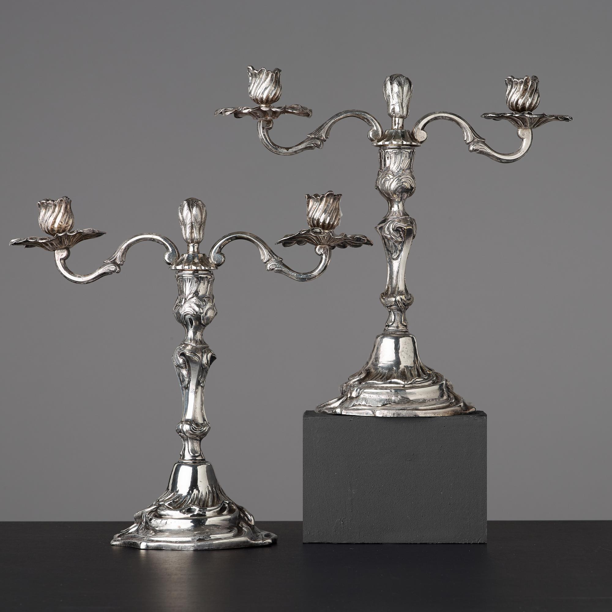 KANDELABRAR, för två ljus, Sverige, 1700-talets andra hälft, rokoko.