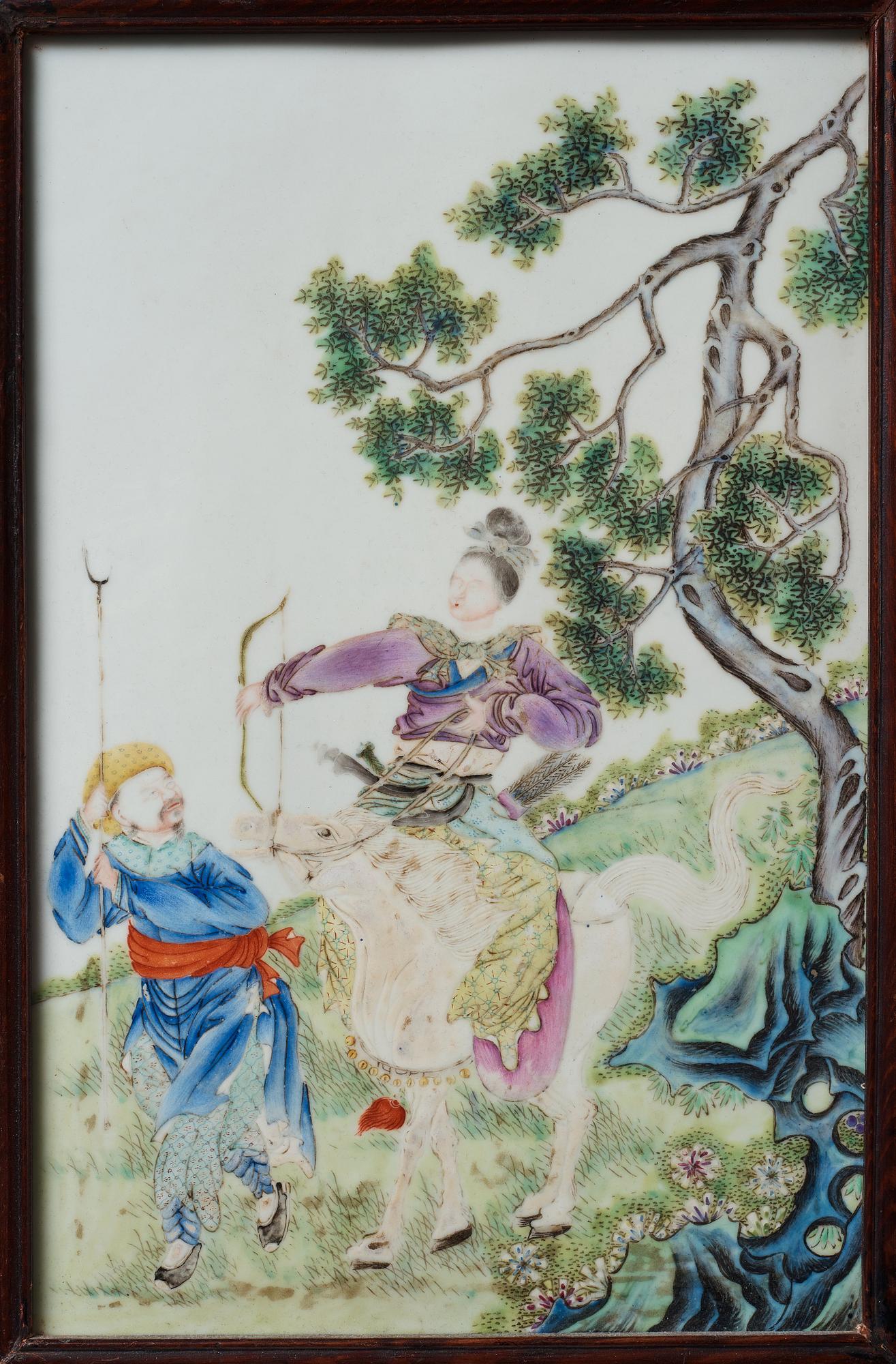 A famille rose plaque of a female warrior, Qing dynasty, 19th Century.