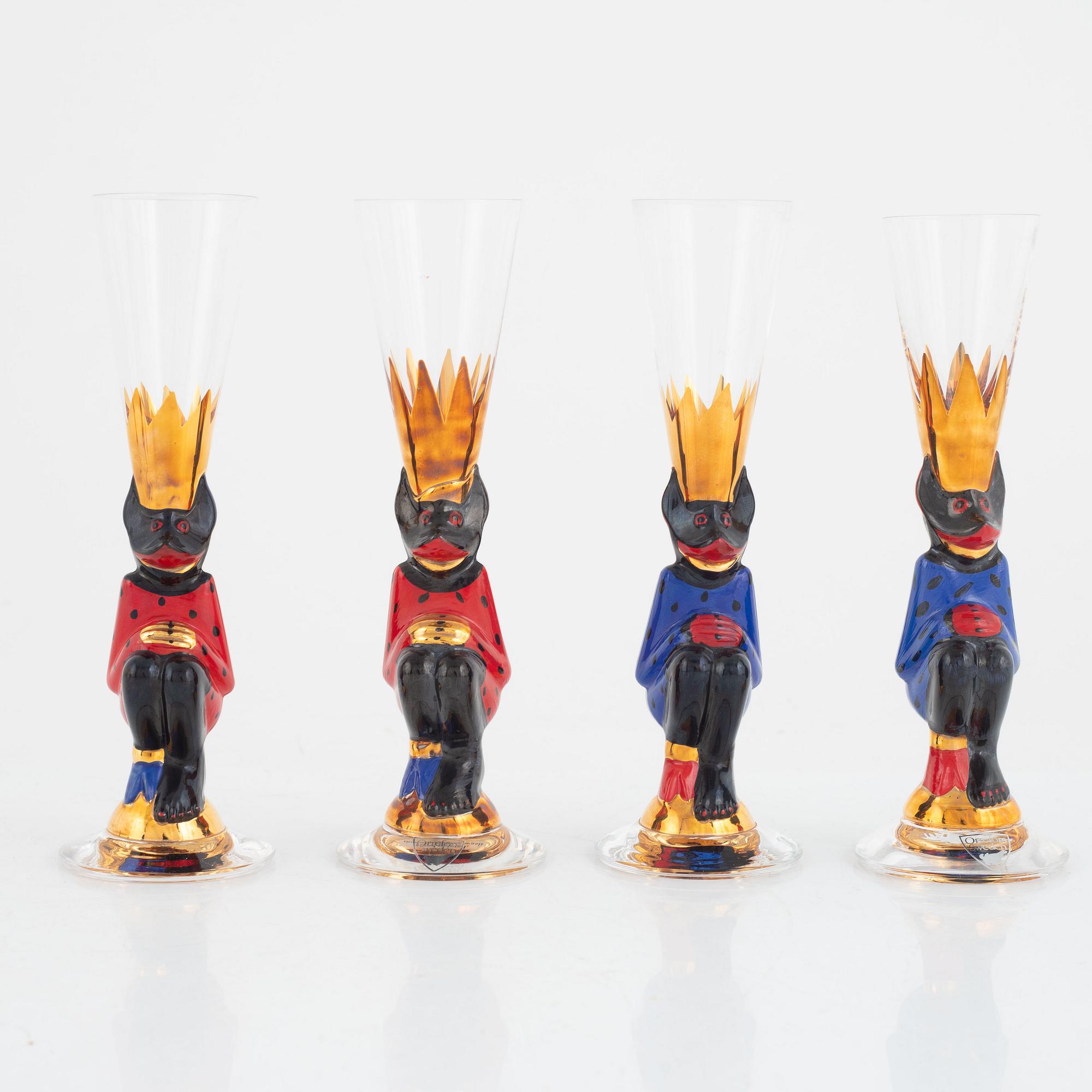 Gunnar Cyrén, carafe and 13 schnapps glasses from the Nobel Service, Orrefors, late 20th century.
