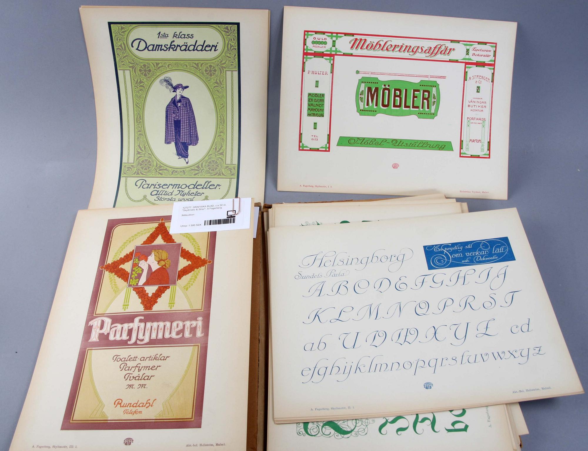 GRAFISKA BLAD, c:a 50 st, "Skyltmotiv & Stilar", A Fagerberg.