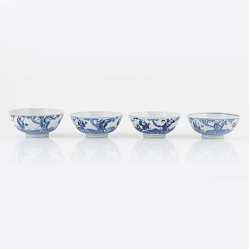 A set of four Chinese blue and white bowls, Qing dynasty, 19th century.