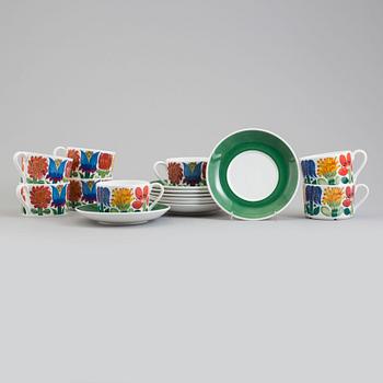 STIG LINDBERG, six 'Tahiti' bone china tea cups and saucers from Gustavsberg, 1970's.