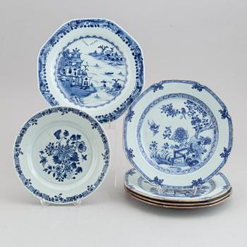 Six blue and white export porcelain plates, Qing dynasty, Qianlong (1736-95).