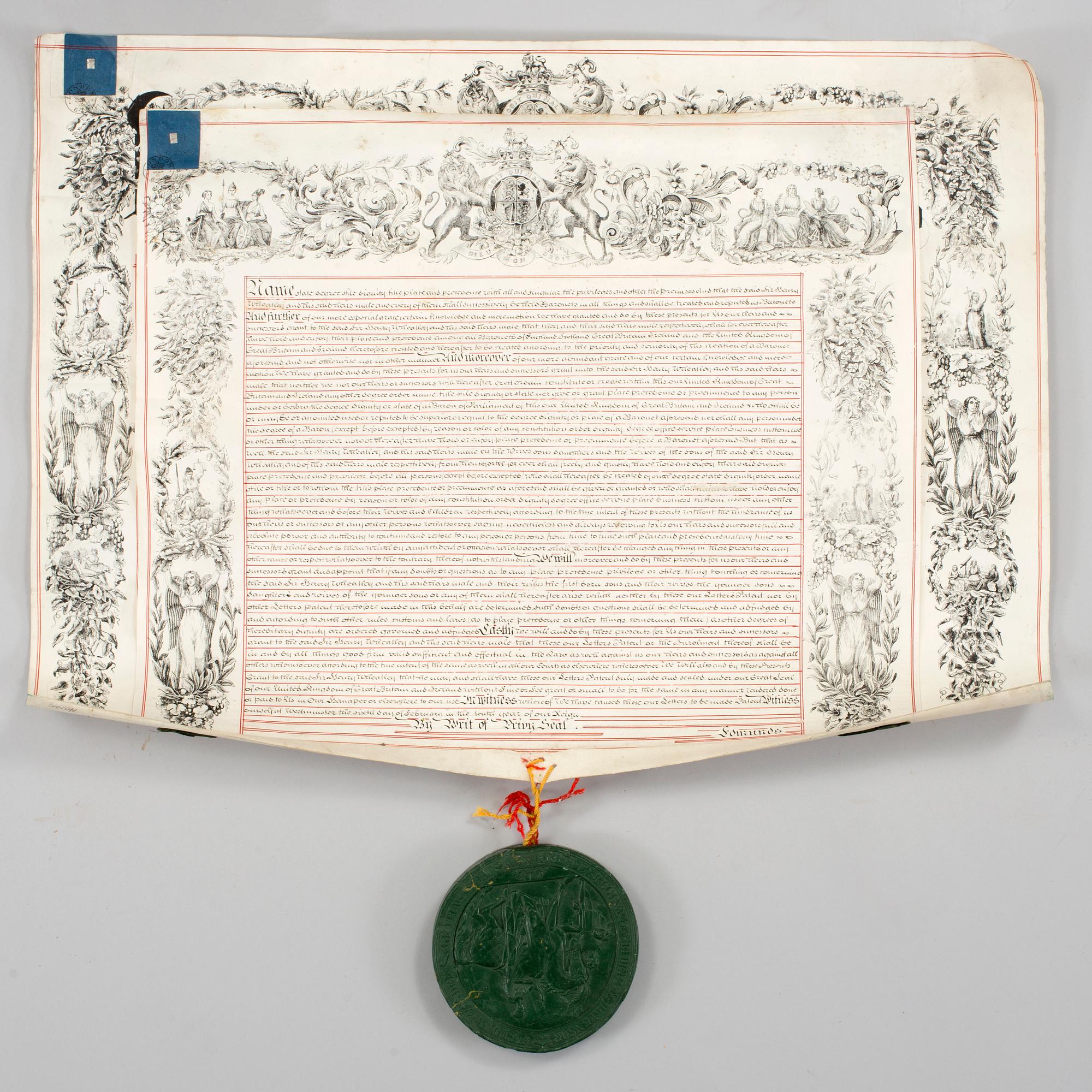 A British letter of patent with wax seal conferring upon Sir Henry Wheatley (1777-1852) the title and rank of Baronet.