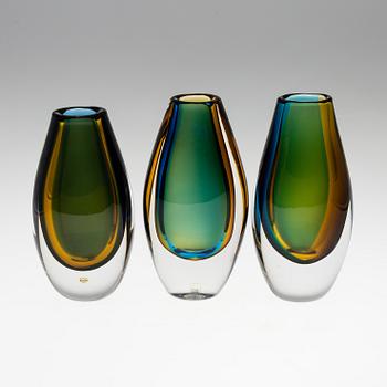 VICKE LINDSTRAND, three glass vases from Kosta.