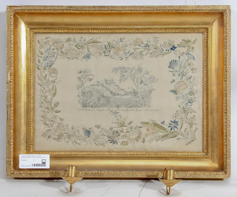 SIDENBRODERI I LAMPETT, senempire, sign C. S. Hultman, dat 8 nov 1842.