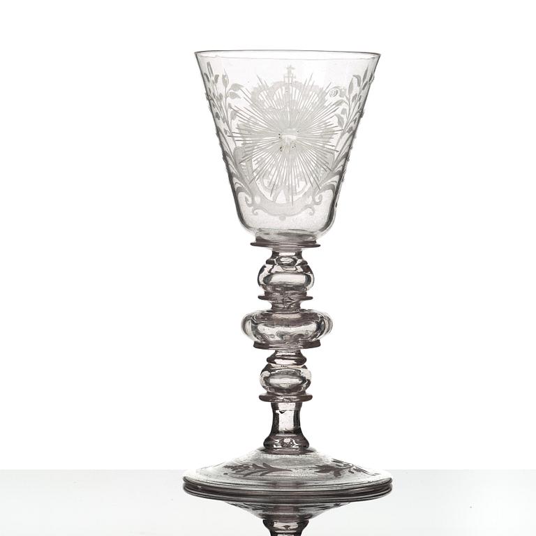 An engraved glass goblet, Kungsholmens glass manufactory, 18th Century.