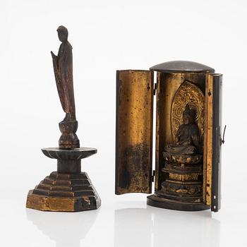 Two Japanese wooden Bodhisattva, one in zushi shrine, 19th century.