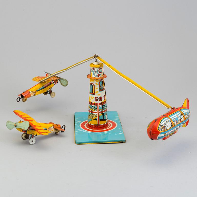 1940'S UNIQUE ART MFG. "SKY RANGERS PLANE & ZEPPELIN " TIN WIND-UP TOY.