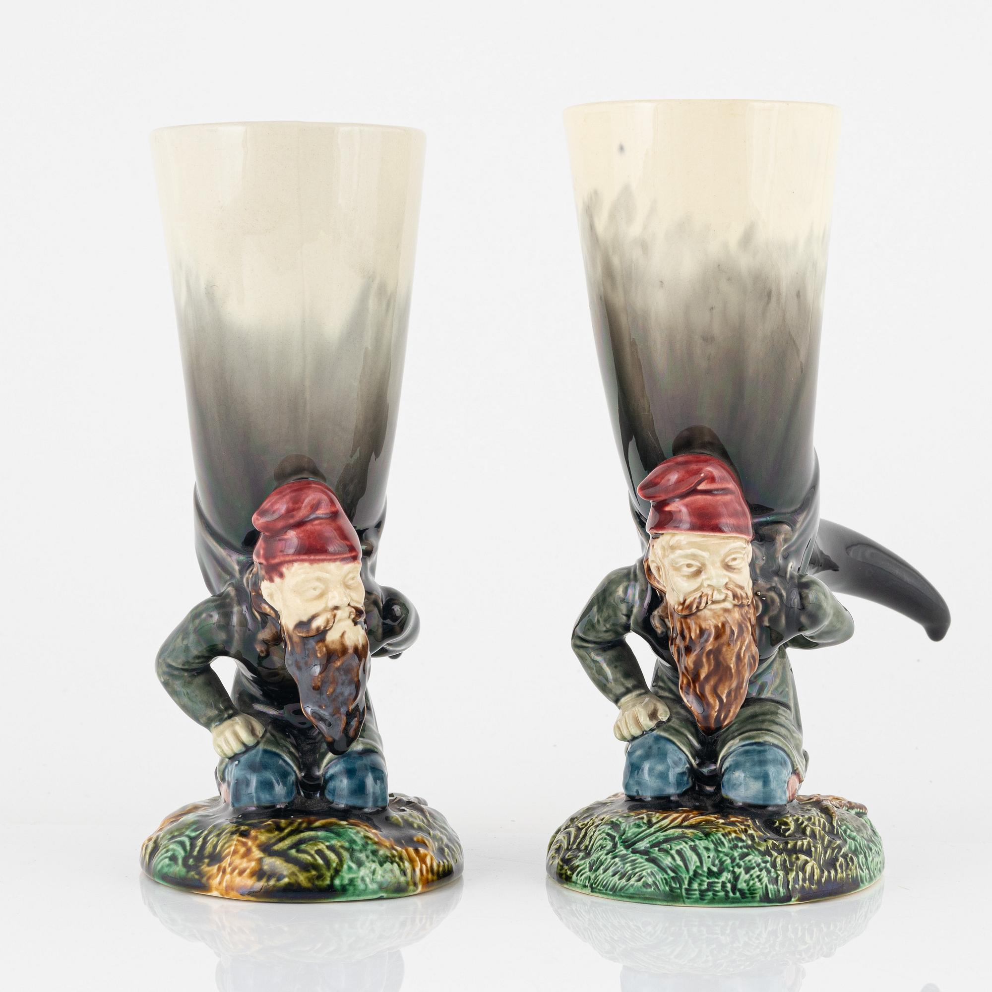 A pair of drinking horns, majolica, Rörstrand, circa 1900.