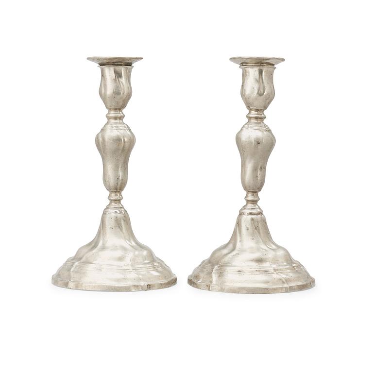 A pair of Rococo pewter candlesticks by Olof Roos, master in Östhammar 1782.
