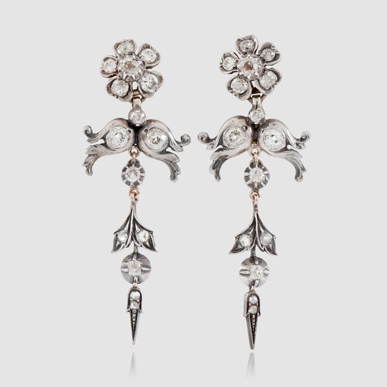 A pair of old- and rose-cut diamond earrings. Total carat weight circa 2.75 cts.