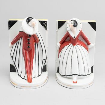 Art Deco pair of porcelain PIERROT PIERRETTE Bookends.