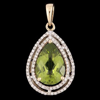 HÄNGE, 14k guld med droppslipad peridot och diamanter. 2000-tal. Vikt 3,6g.