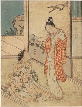 SUZUKI HARUNOBU (1724/25-70), efter, färgträsnitt. Japan, 1800-tal.