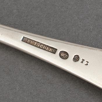 A SET OF SIX SILVER TABLE SPOONS, by Friedrich Petschler, Göteborg 1815.