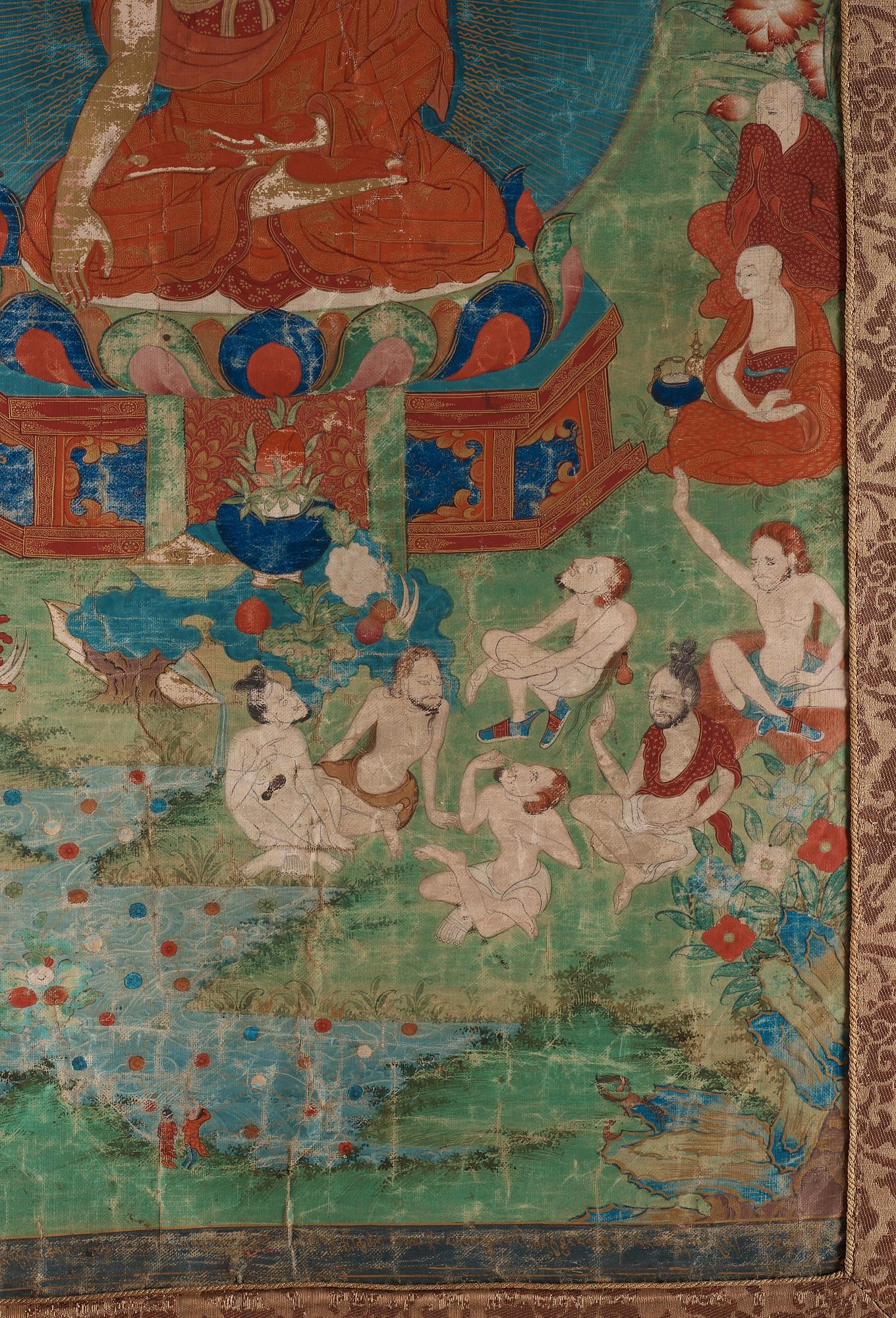 THANGKA. Tibet, troligen 1800-tal. Shakyamuni med lärjeungar och lamor.