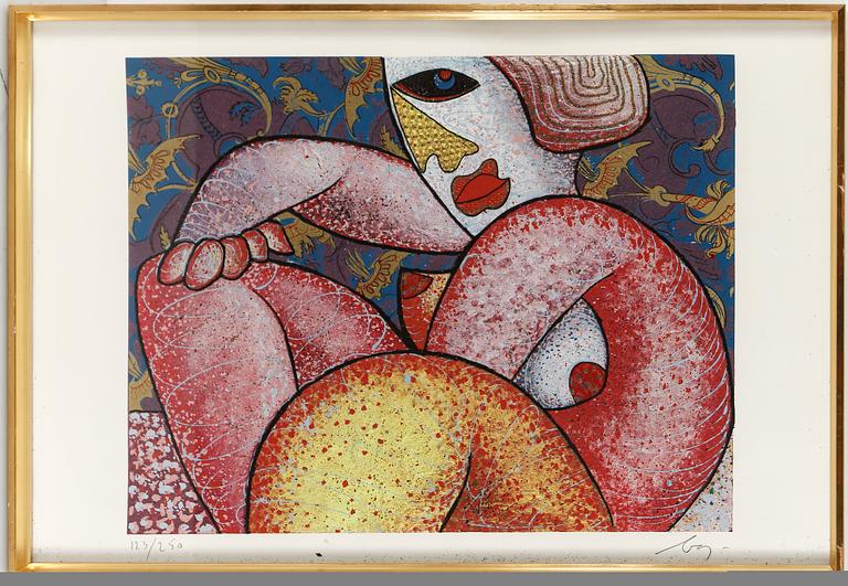 ENRICO BAJ, färgserigrafi med applikationer, signerad och numrerad 123/250.