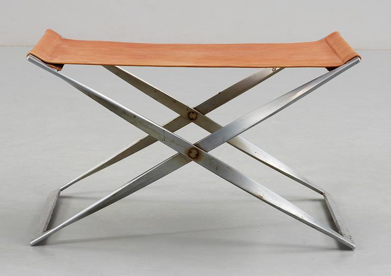 A Poul Kjaerholm 'PK-91' steel and brown leather stool, Fritz Hansen, Denmark.