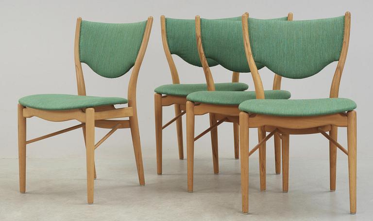 A Finn Juhl dining set of a teak and beech table, four beech 'BO-63' chairs and two armchairs, Bovirke. Denmark.