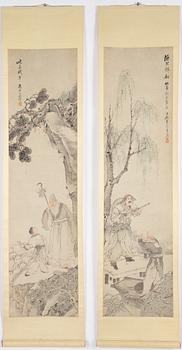 Wei Jian (China 19th century), Two paintings, Figure scenes in landscape.