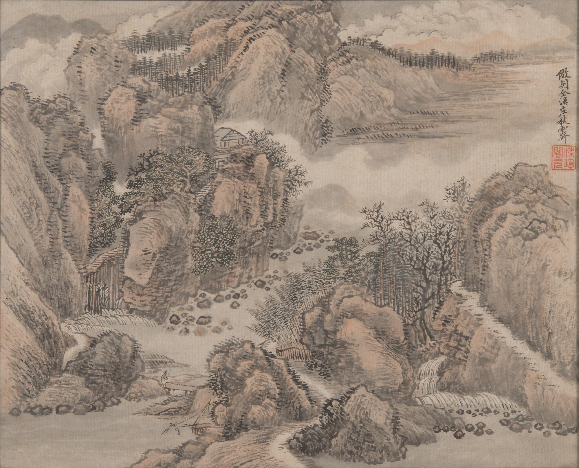 Träsnitt, 3 st, tusch och färg på papper, 2 signerade Wang Hui, efter, hans skola, omkring 1900.