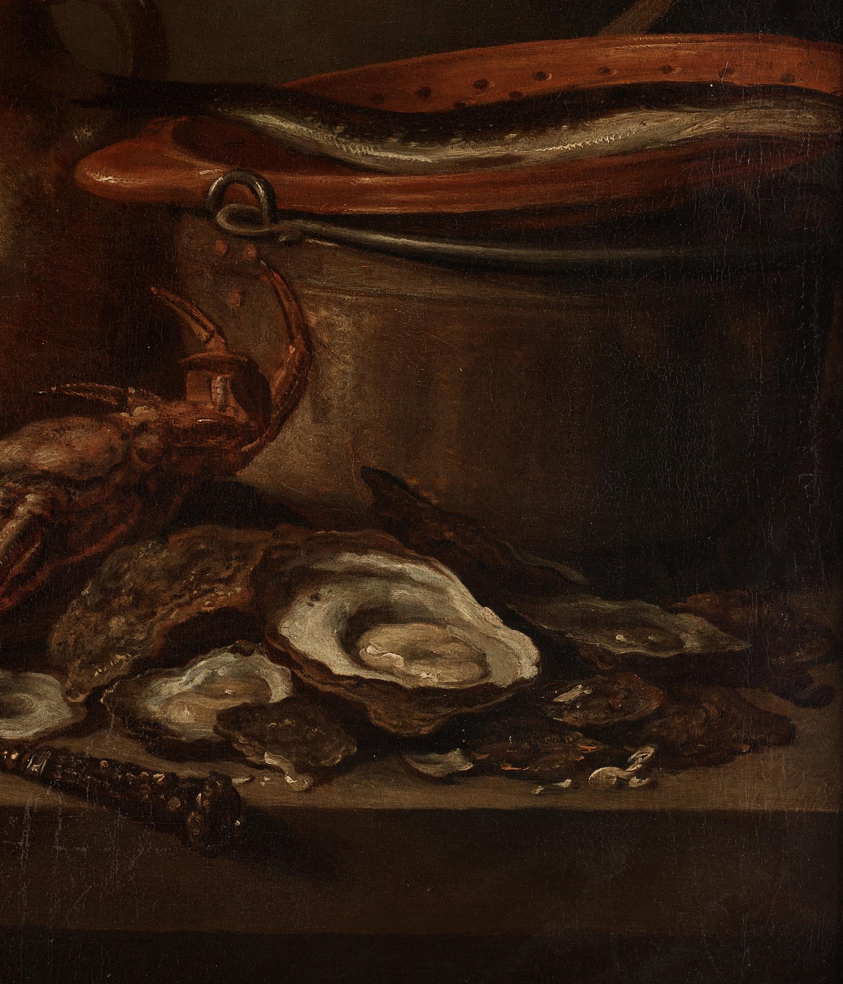 Pieter Claesz Circle of, Dutch school 17th/18th Century. Still life with fish, crab, oysters and jars.