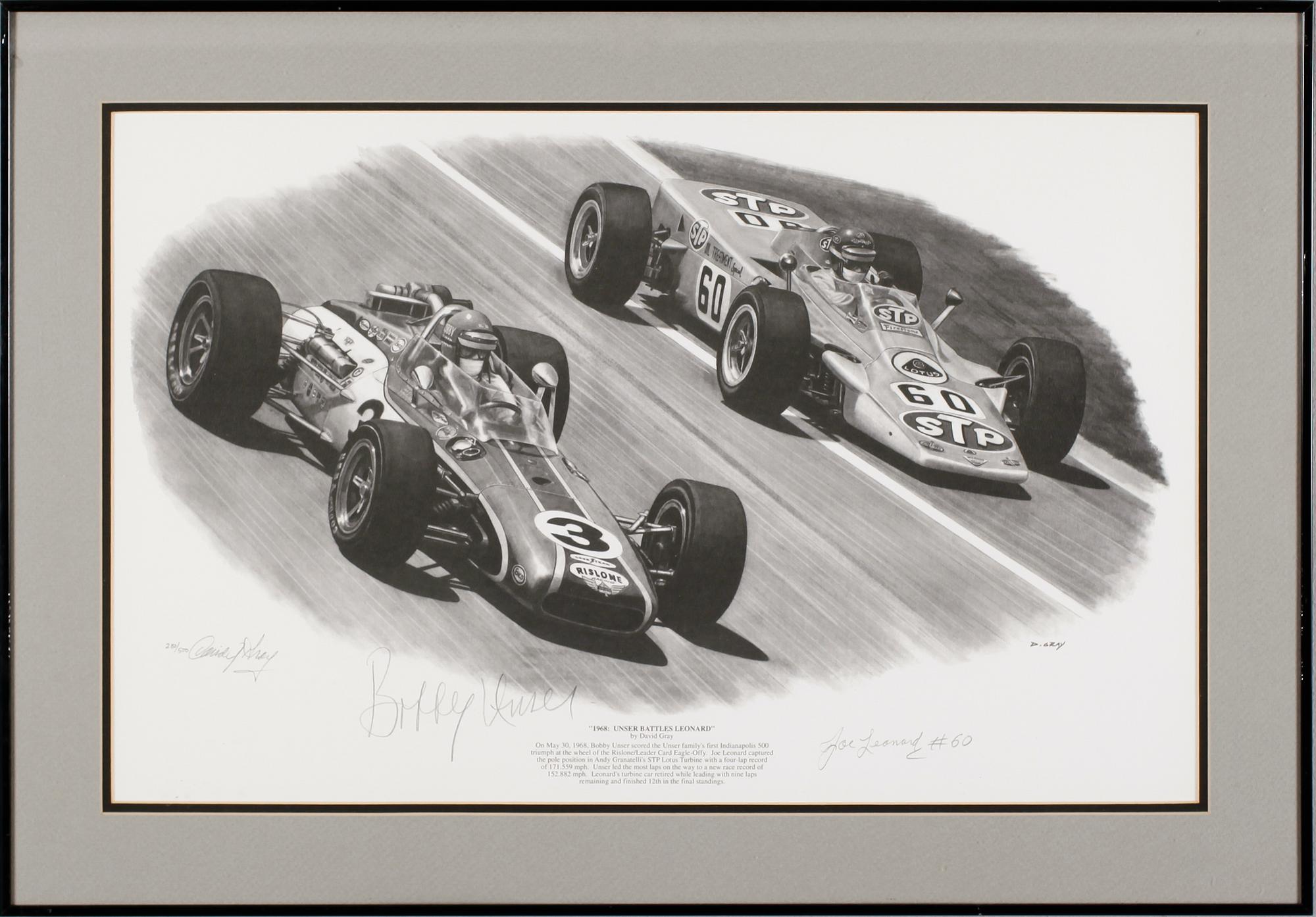 DAVID GRAY, 2 st, litografier, signerade samt med autografer bla Mario Andretti, numrerade 171/500 resp 280/500.