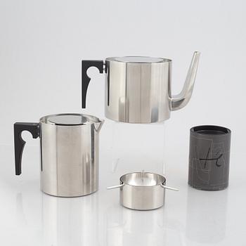 Arne Jacobsen, a 100-year jubilee "Cylinda" stainless steel tea set and a book, Stelton, Denmark, 2002.