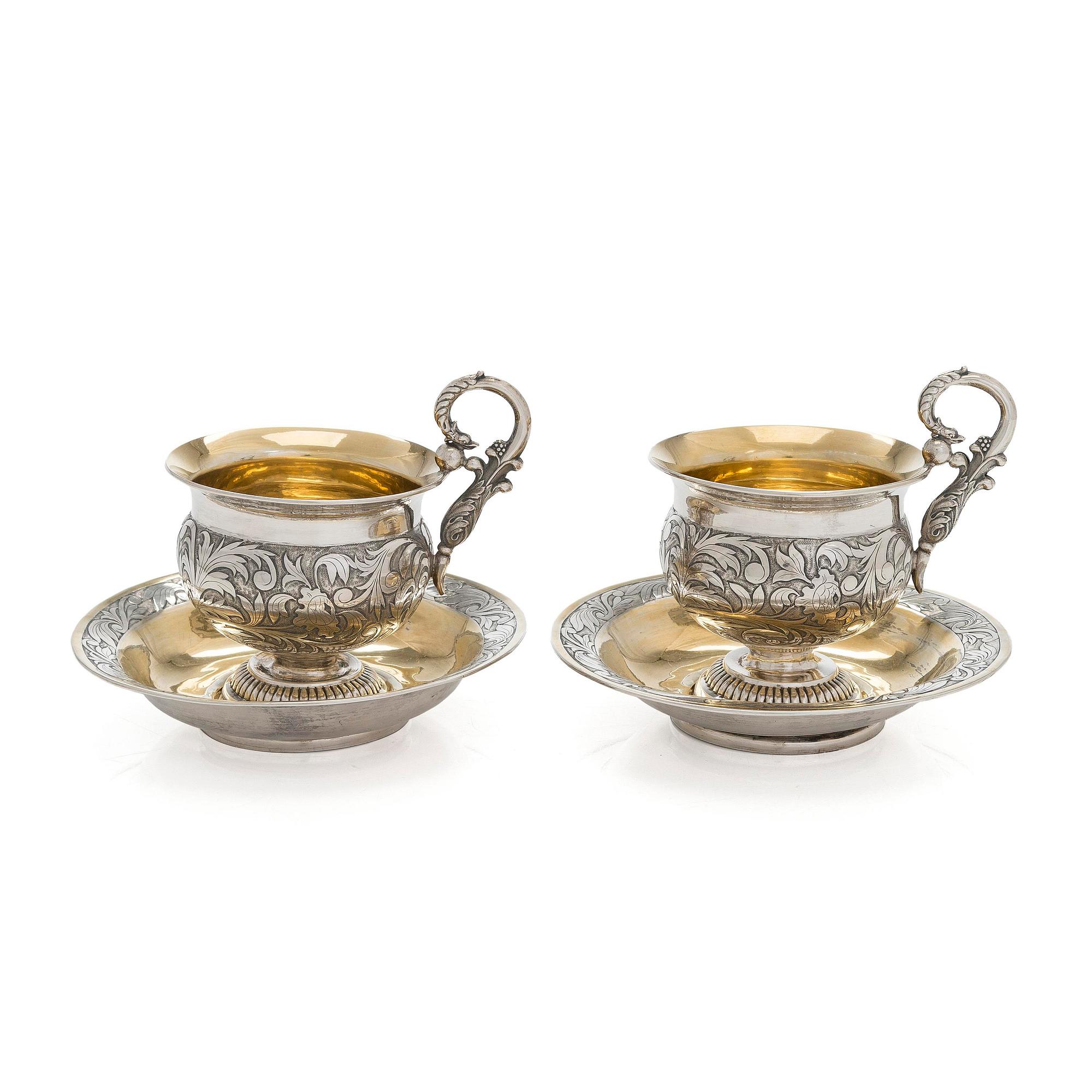 Kaffekoppar, ett par, silver och förgyllt silver (12L), sannolikt A F Bergmüller, Weissenfels, ca 1820. Empir.