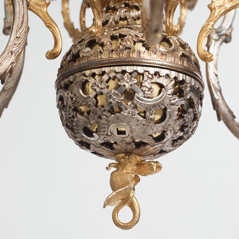 Carl Edberg's Masterpiece, a Swedish rococo silvered and gilt-brass six-light chandelier, circa 1755.