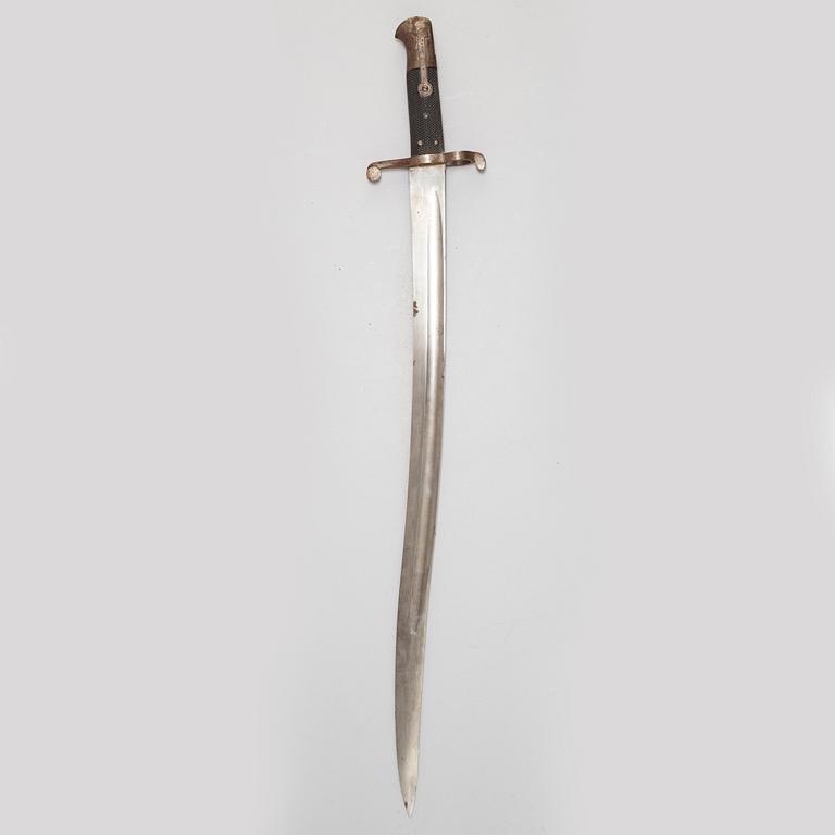 A hunting sword and two bayonets with scabbards.