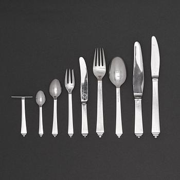 Harald Nielsen, "Pyramid", a set of 60 pcs of sterling and stainless steel flatware, Georg Jensen, Copenhagen 1933-77.