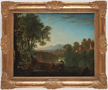 435. Herman van Swanefelt, Landscape with travelling figures besida a river.