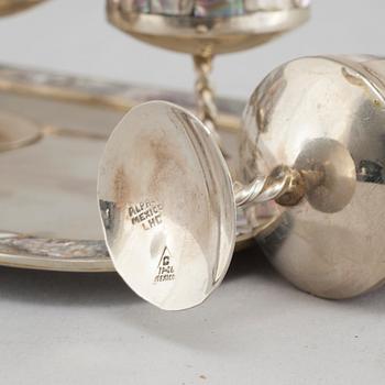 Six liqeur glasses on a tray, mother of pearl and alpaca, Mexico, second half of the 20th century.