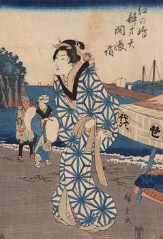 Ando Hiroshige, Del av triptyk, Elegant dam på strand.