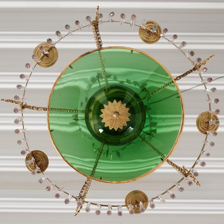 A late Gustavian gilt-brass and green glass six-light chandelier, late 18th century.