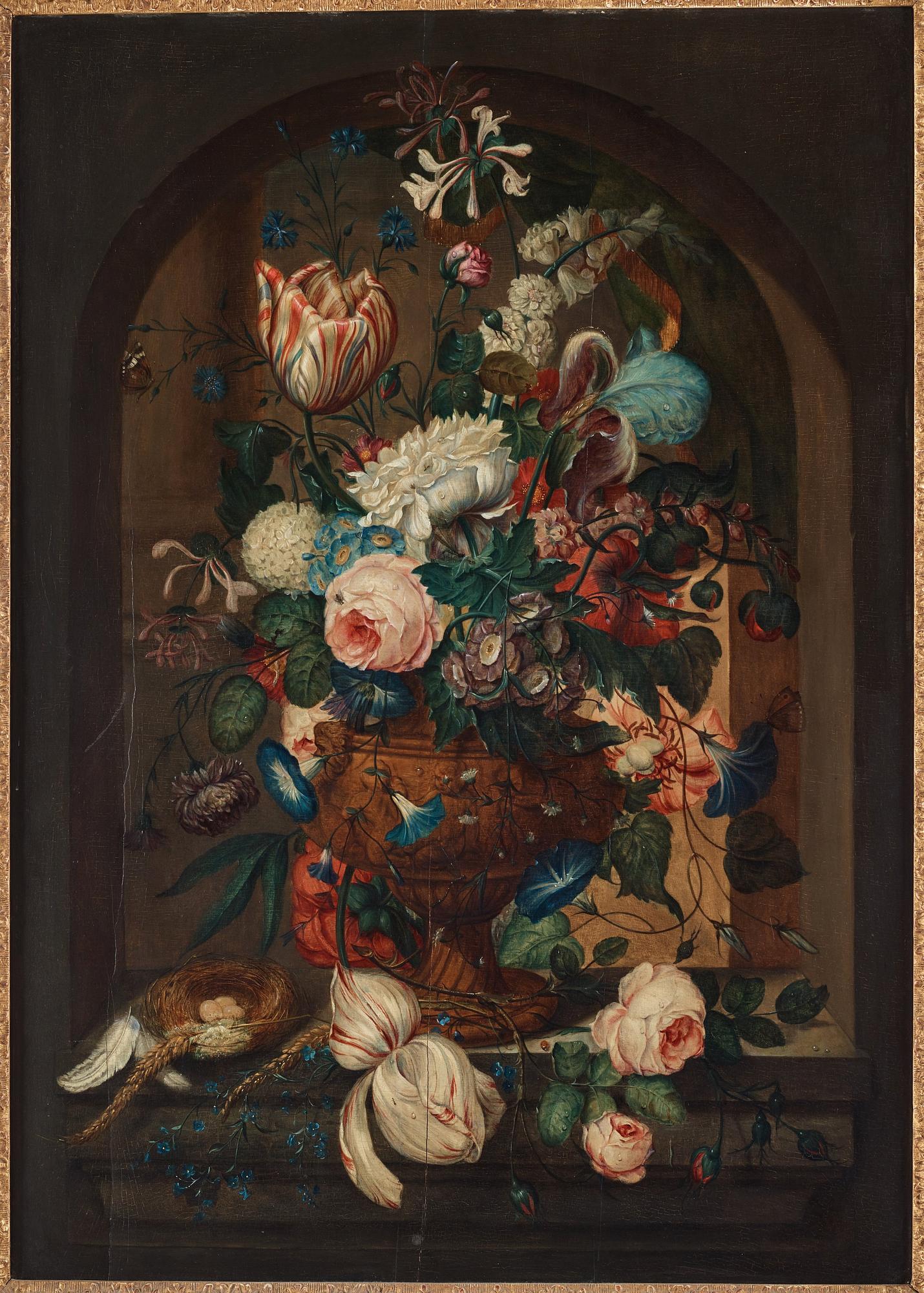 Coenraet (Conrad) Roepel Efter, Stilleben med blommor, fjärilar och ett fågelbo.