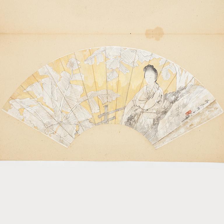 Unidentified artist, so-called "Fan painting", Elegant lady in a garden with banana trees, China, 20th century.