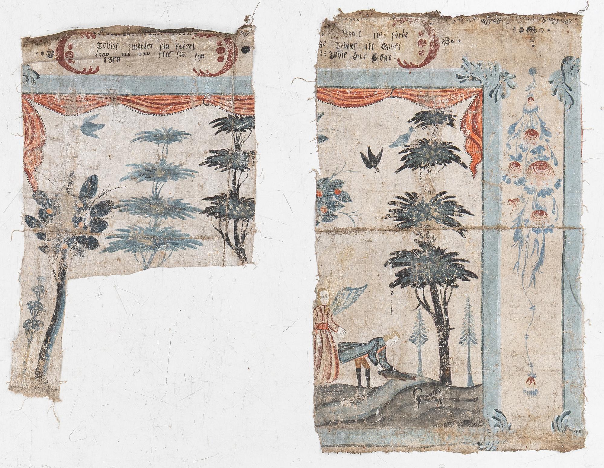 A nine-piece part folk art wall painting from Värmland, Sweden, late 18th century.