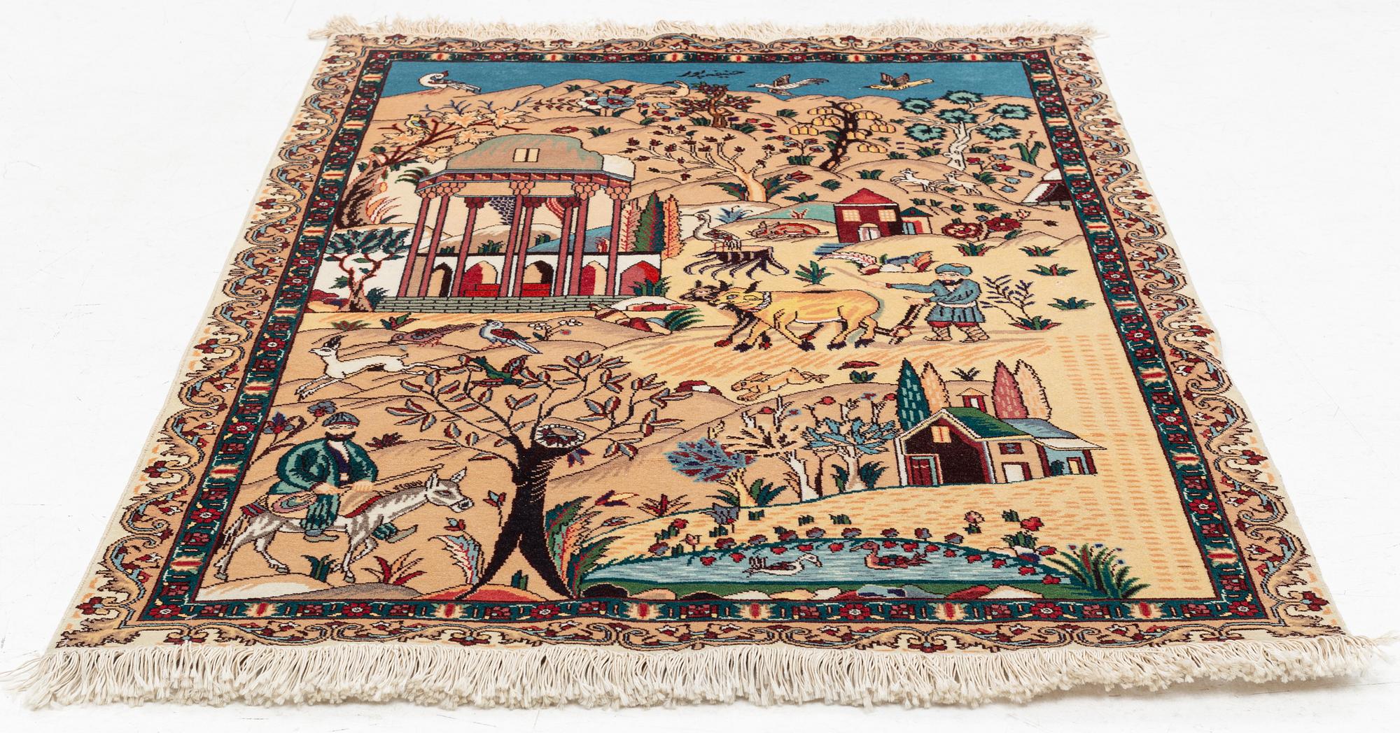 Matta, Täbriz, figural, signerad, ca 140 x 100 cm.