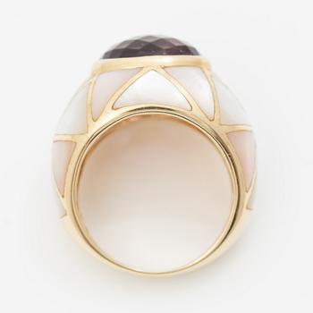 14K gold ring with mother-of-pearl and an oval checker-cut amethyst.