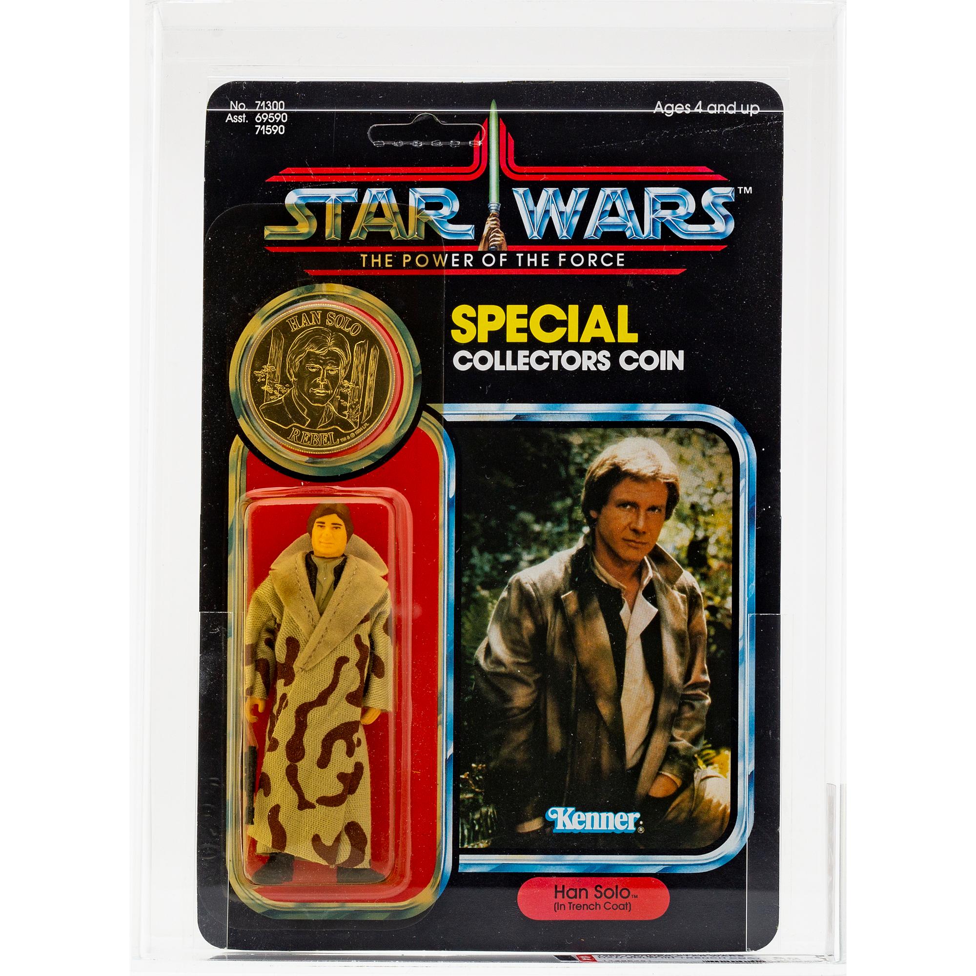 STAR WARS, Han Solo (in trench coat), POTF 92 back,  AFA 80 Y/NM, Kenner 1985.